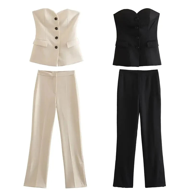 TRAF 2024 Women Fashion Solid Pant Suit Sleeveless Off Shoulder Single Breasted Tube Top+Simple All-match Straight Trousers Set