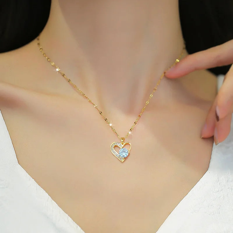 DIEYURO 316L Stainless Steel Asymmetrical Heart Zircon Pendant Necklace For Women New Luxury Girls Clavicle Chain Jewelry Gifts