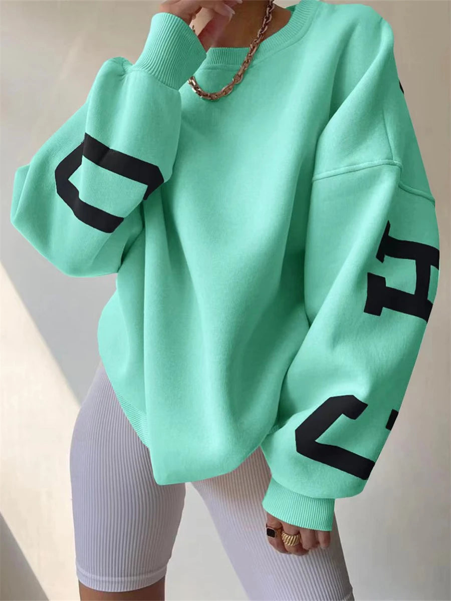 wsevypo Back Letters Print Oversized Sweatshirts Women Casual Thickened Warm Pullovers Long Sleeve Tops Autumn Winter Streetwear