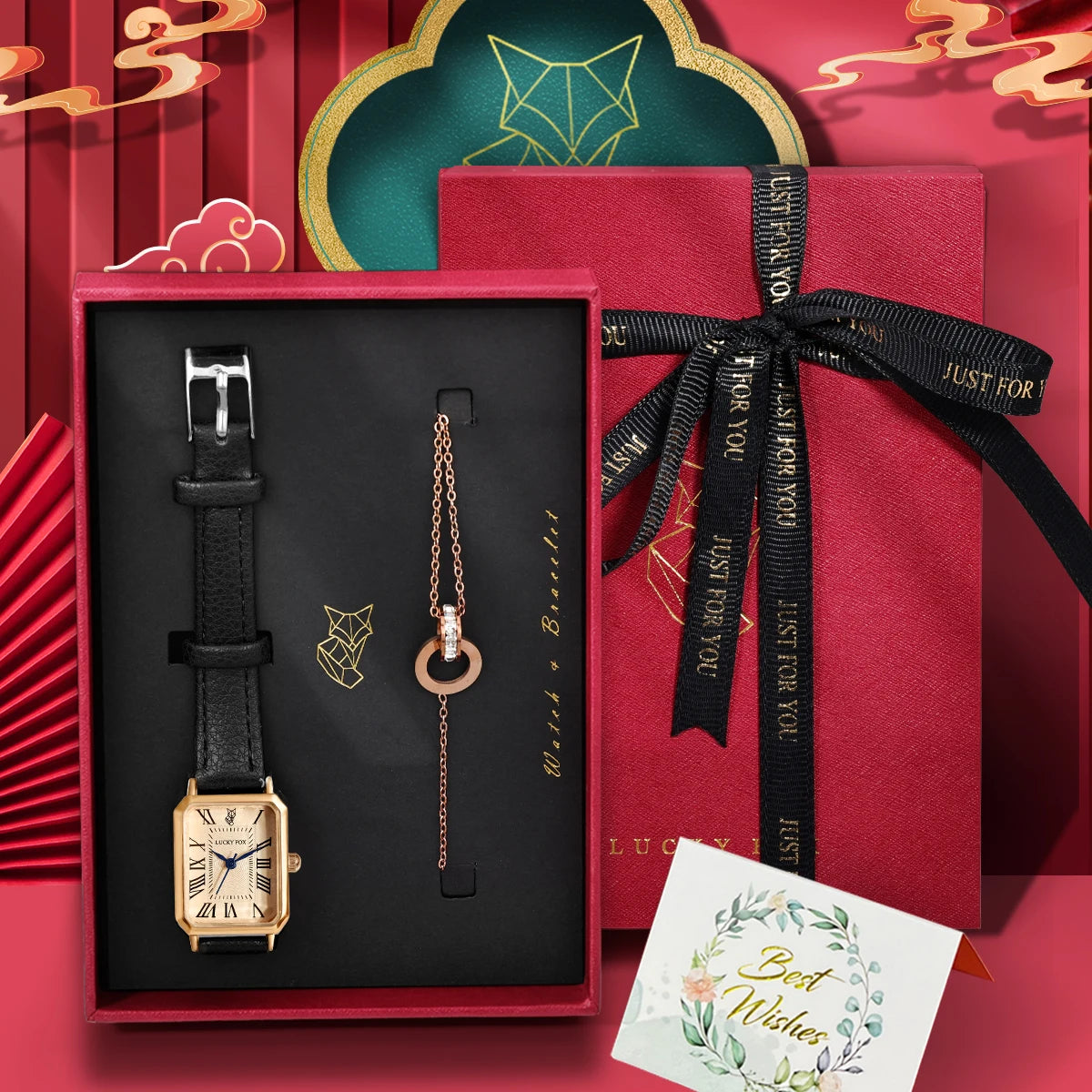 LUCKY FOX 2PCS Light Luxury Gift Box Set Watch Bracelet Simple and Fashionable Women's Square Quartz Watch Reloj Festival Gift