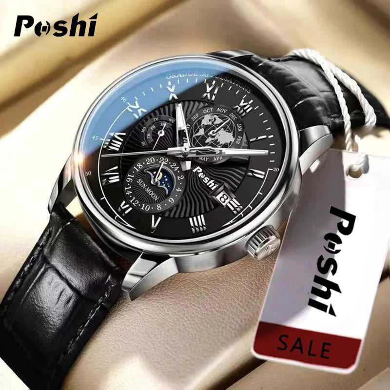 Swiss Brand POSHI Men Watch Fashion Top Luxury Sport Men's Wristwatch Waterproof Luminous Leather Date Quartz Watches Man clock