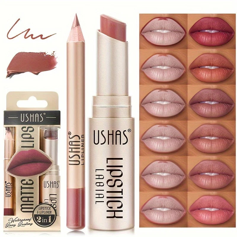 USHAS 12-Color Matte Lipstick & Liner Set - Long-Lasting, Waterproof, Non-Stick