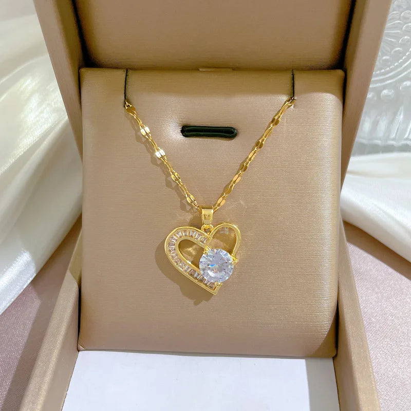 DIEYURO 316L Stainless Steel Asymmetrical Heart Zircon Pendant Necklace For Women New Luxury Girls Clavicle Chain Jewelry Gifts