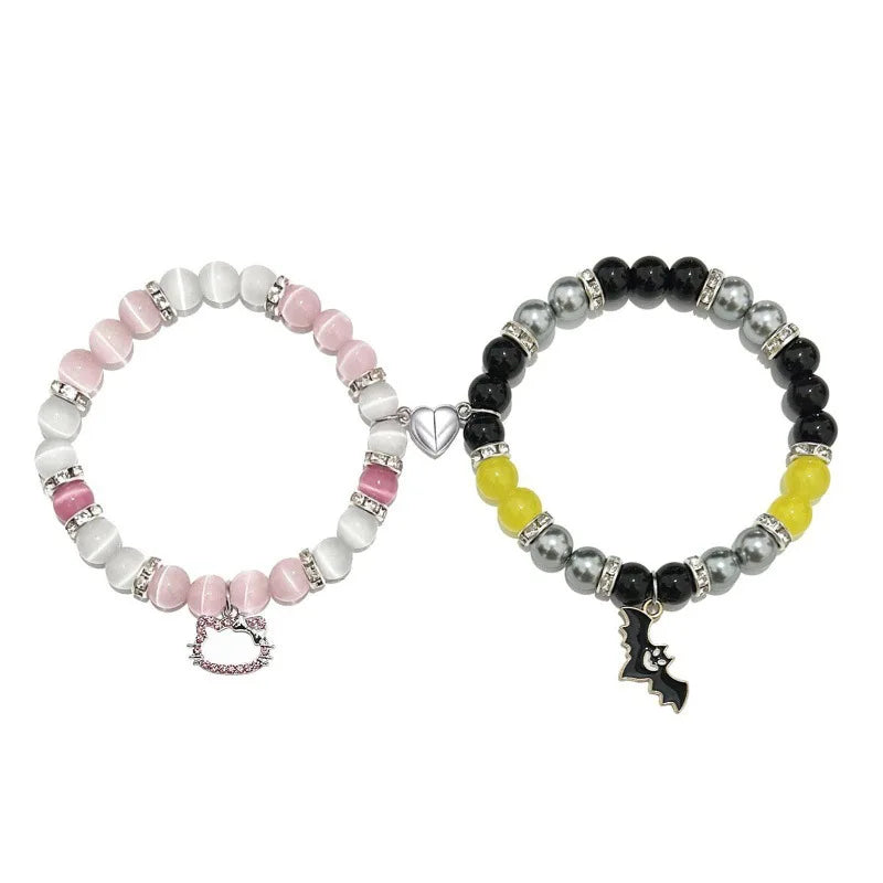 2Pcs/Set Pink Color Hello Cat Beaded Bracelets for Women Heart Magnetic Matching Couple Bracelets Girls Festival Jewelry Gifts