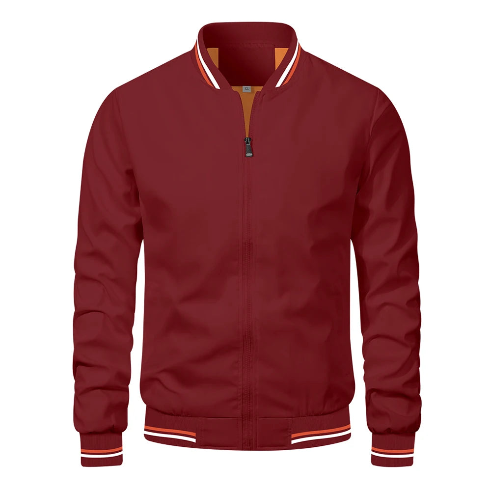 Men's Autumn Bomber Jacket - Solid Color Casual Baseball Style Outerwear