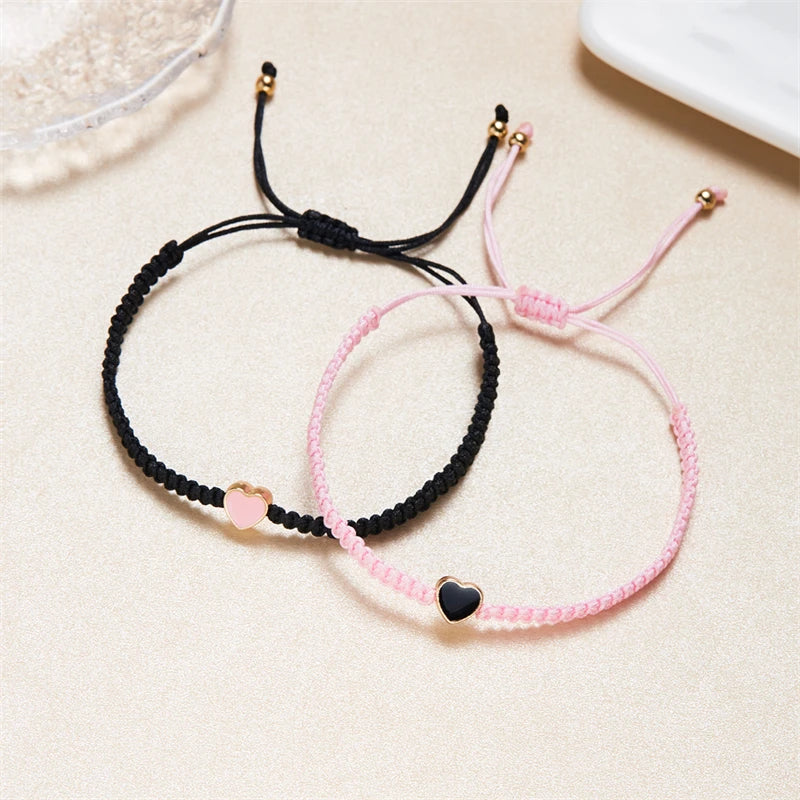 Romantic Heart Beaded Couple Bracelet for Women Men Fashion Black White Braided Rope Matching Bracelet Friendship Jewelry Gifts