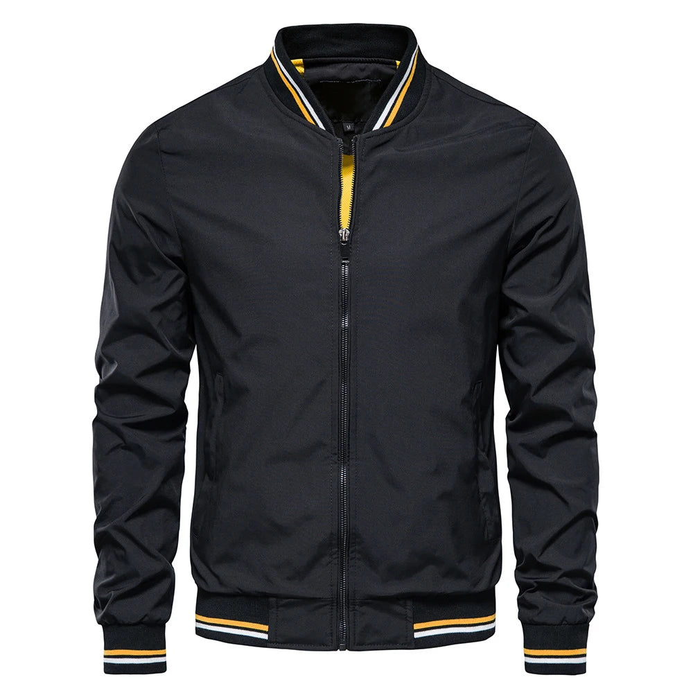 Men's Autumn Bomber Jacket - Solid Color Casual Baseball Style Outerwear