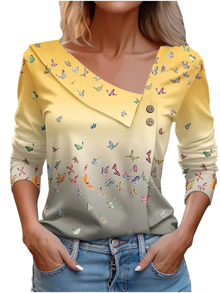 T Shirt For Women Fashion Long Sleeve Top White Floral Print Shirts And Blouses Autumn Winter Clothes For Women