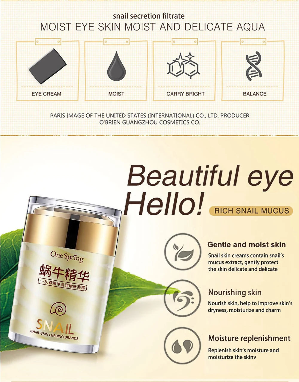 Skincare Snail Cream Collagen Cream Anti Aging Whiten Skin Face Cream Fade Dark Eye Circles Remove Eye Bags Eye Serum