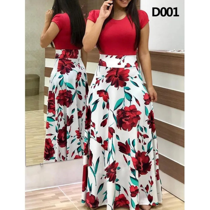 Leisure And Loose Fitting 2024 Spring/summer Fashionable Flower Print Color Blocking Short Sleeved Women's Elegant Dresses