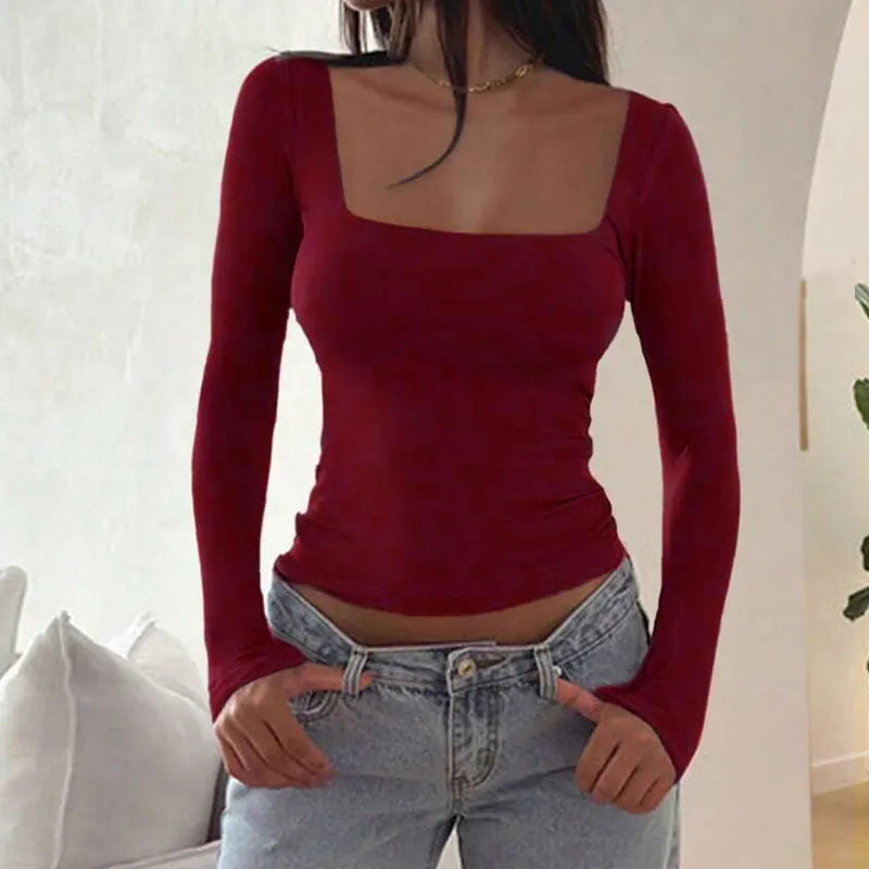 New Women T-shirt Autumn Sexy Low Chest Solid Elegant T-shirt Streetwear Fashion Long Sleeves Casual Slim Versatile Female Tees