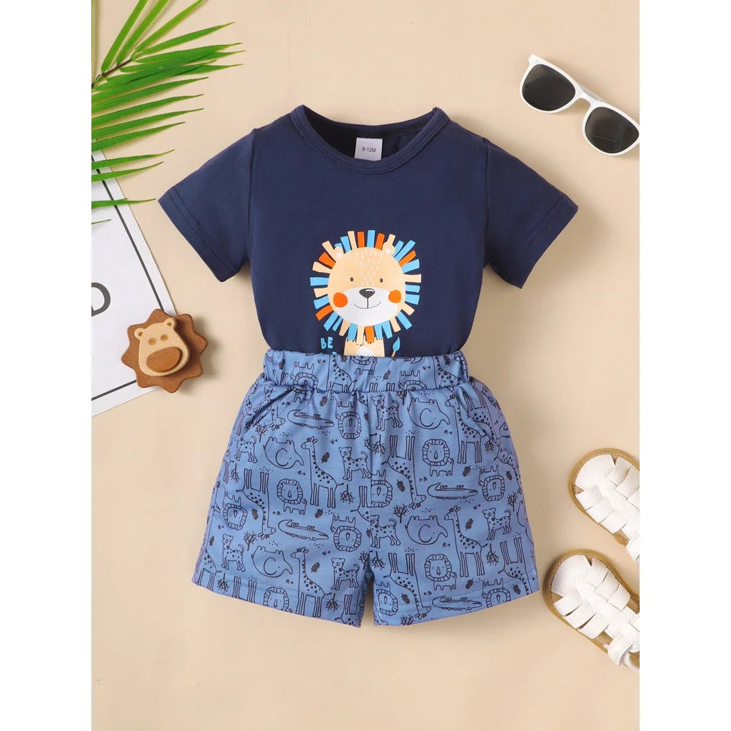 2CPS Summer Baby Boy Clothes Set Cartoon Lion Short Sleeved Bodysuit+Shorts Leisure Home Clothing for Infant Boy 3-18 Months