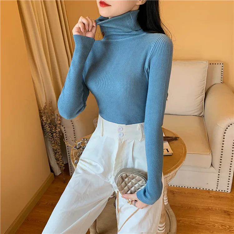 2024 Autumn Winter Women Long Sleeve Knitted Foldover Turtleneck Ribbed Pull Sweater Soft Warm Femme Jumper Pullover Clothes