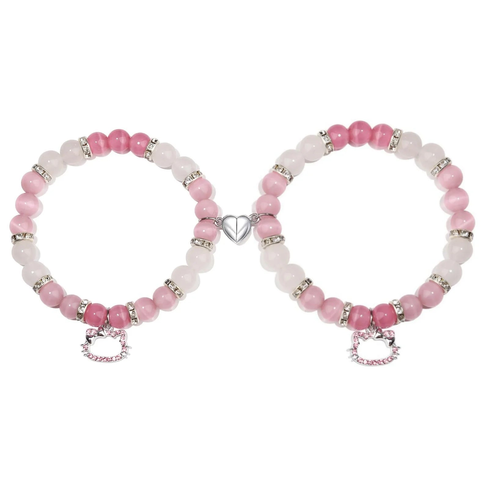 2Pcs/Set Pink Color Hello Cat Beaded Bracelets for Women Heart Magnetic Matching Couple Bracelets Girls Festival Jewelry Gifts