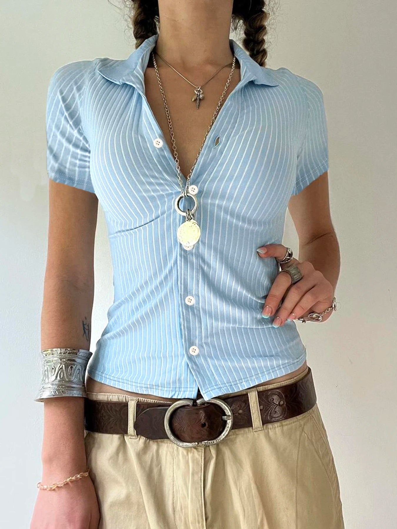 Sweetown Blue Stripe Short Sleeve Shirts For Women Button Up Turn Down Collar Slim Simple Casual Preppy Tops Basic Summer Tees