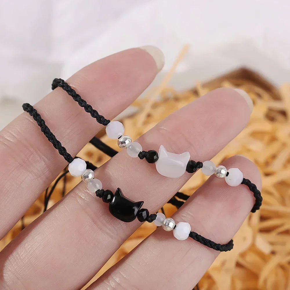 2pcs Natural Moonstone Obsidian Bracelets Couple Minimalist Bracelet Handmade Cute Black White Cat Bracelet Party Jewelry Gifts