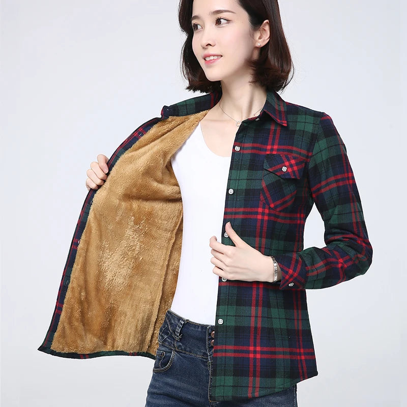 2023 Winter New Plus Thick Women's Warm Plaid Shirt Coat Lady Casual Fleece Velvet Jacket Tops Hot Women Clothes Outerwear