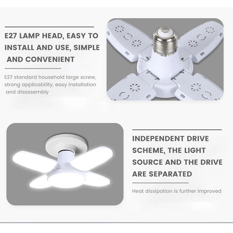 Fan Foldable 28W LED Bulb - 40W Deformable Ceiling Light for Home & Garage 6500K