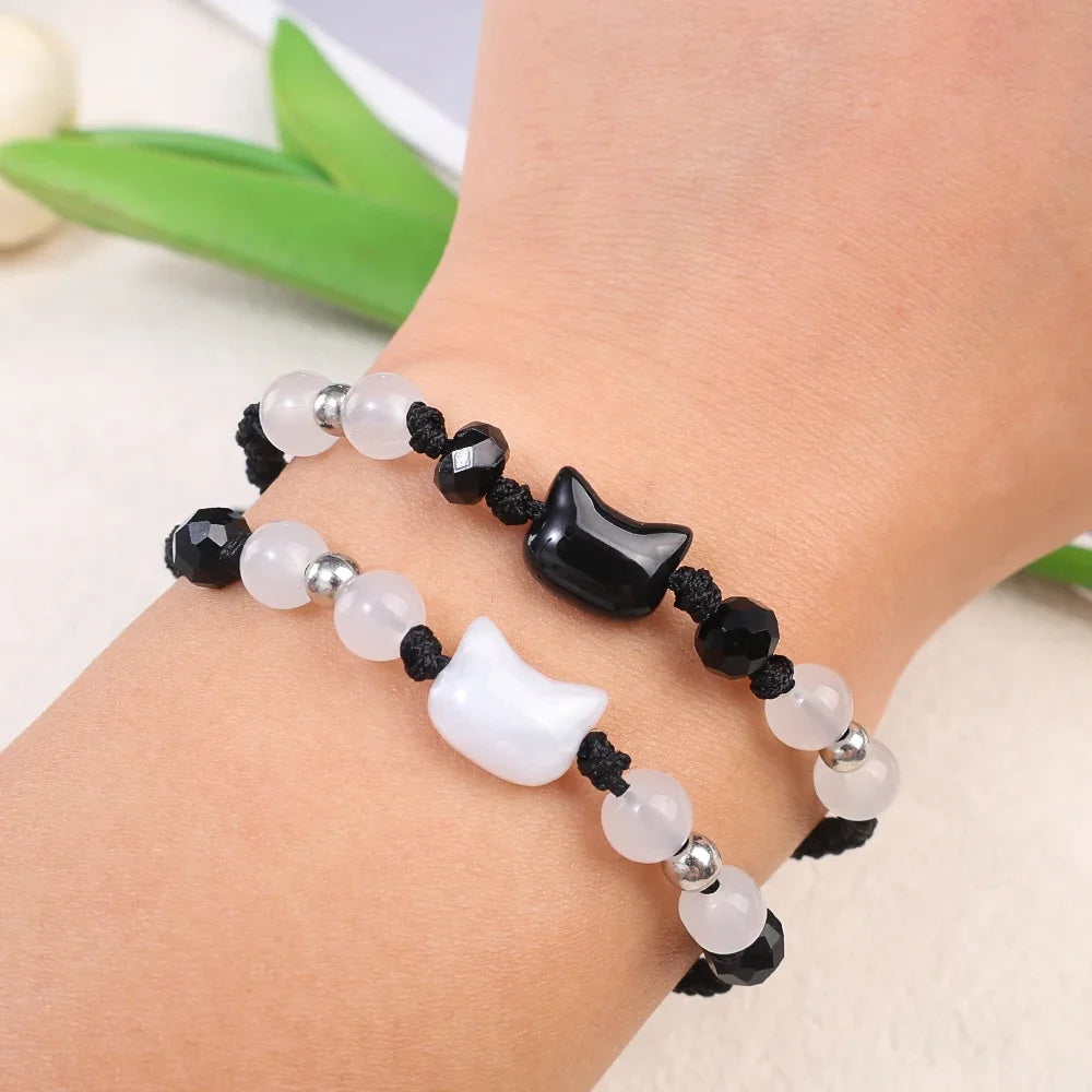 2pcs Natural Moonstone Obsidian Bracelets Couple Minimalist Bracelet Handmade Cute Black White Cat Bracelet Party Jewelry Gifts