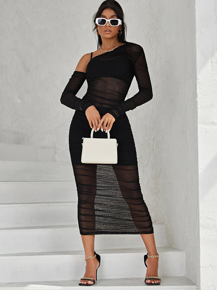 Articat Mesh See Through Women Dress Sexy 3 Piece Set Elegant Fashion Female Clothing Casual Slim Camisole Black Bodycon Skirts