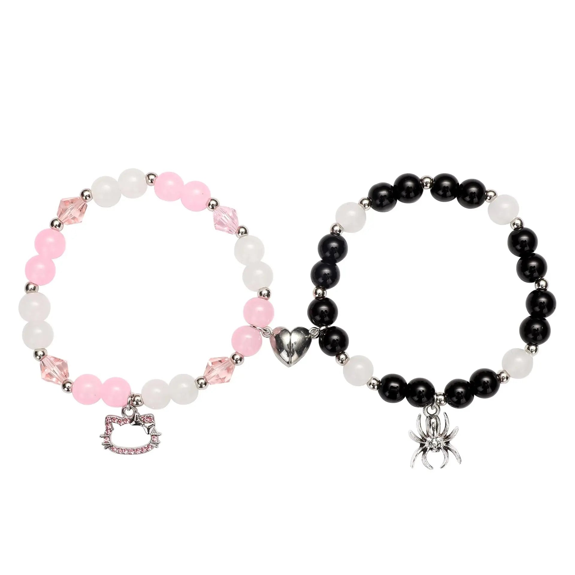 2Pcs/Set Pink Color Hello Cat Beaded Bracelets for Women Heart Magnetic Matching Couple Bracelets Girls Festival Jewelry Gifts