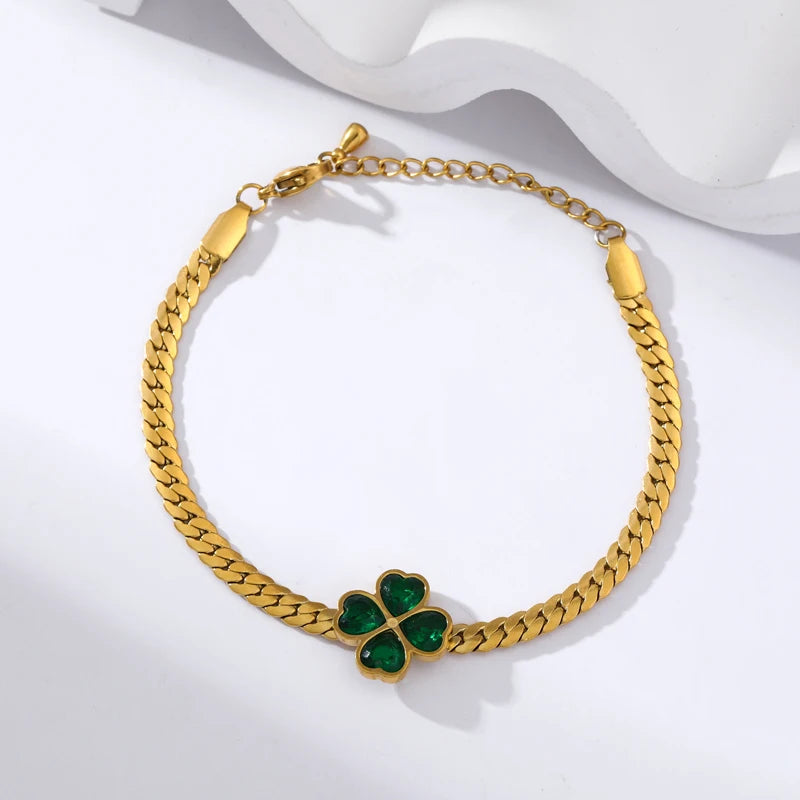 GANEMLY 316L Stainless Steel Green Crystal Clover Bracelet Bangle For Women Fashion Wrist Chain Waterproof Jewelry Gift Bijoux