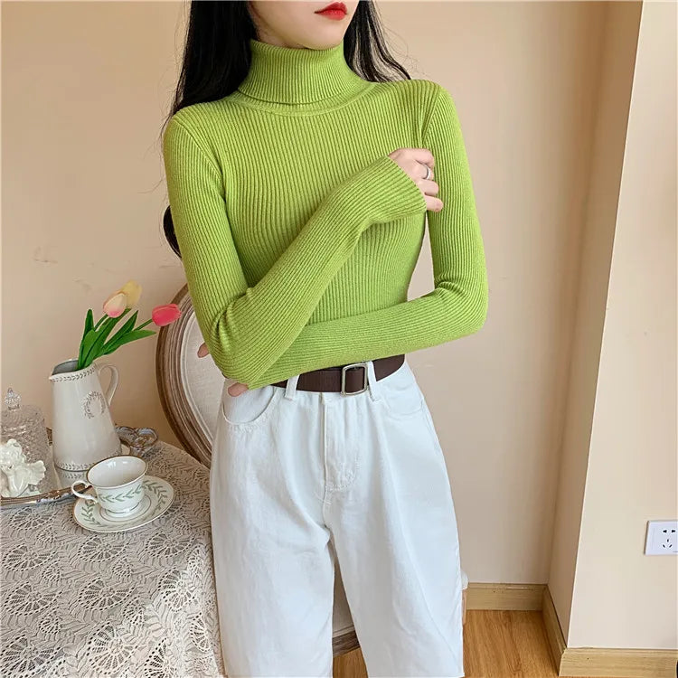 2024 Autumn Winter Women Long Sleeve Knitted Foldover Turtleneck Ribbed Pull Sweater Soft Warm Femme Jumper Pullover Clothes