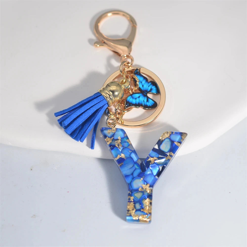 Fashion Blue Glazed Stone A To Z Letter Keychain 26 Initials Alphabet Butterfly Tassel Pendant Car Key Chain Women Jewelry GIfts