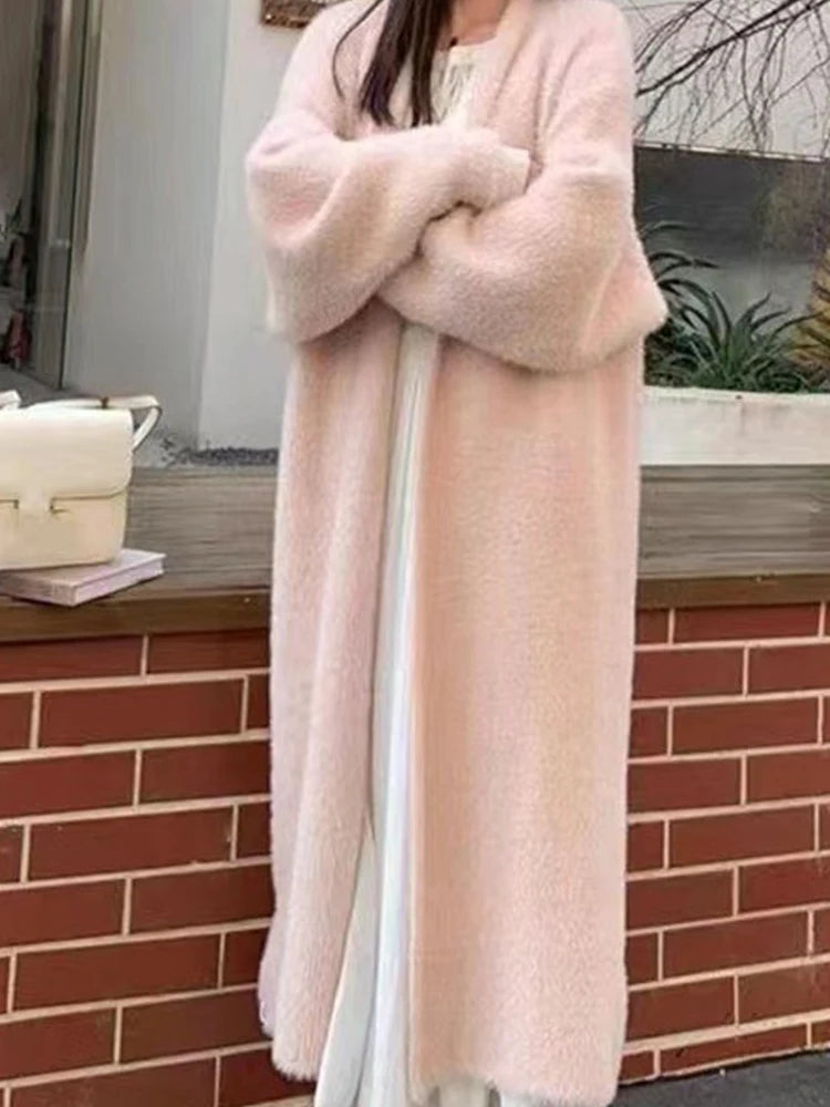 Autumn/Winter Lazy Style Warm Knee Length Thickened Women Cardigan Pure Imitation Mink Fleece Knitted Sweater Women Warm Coat