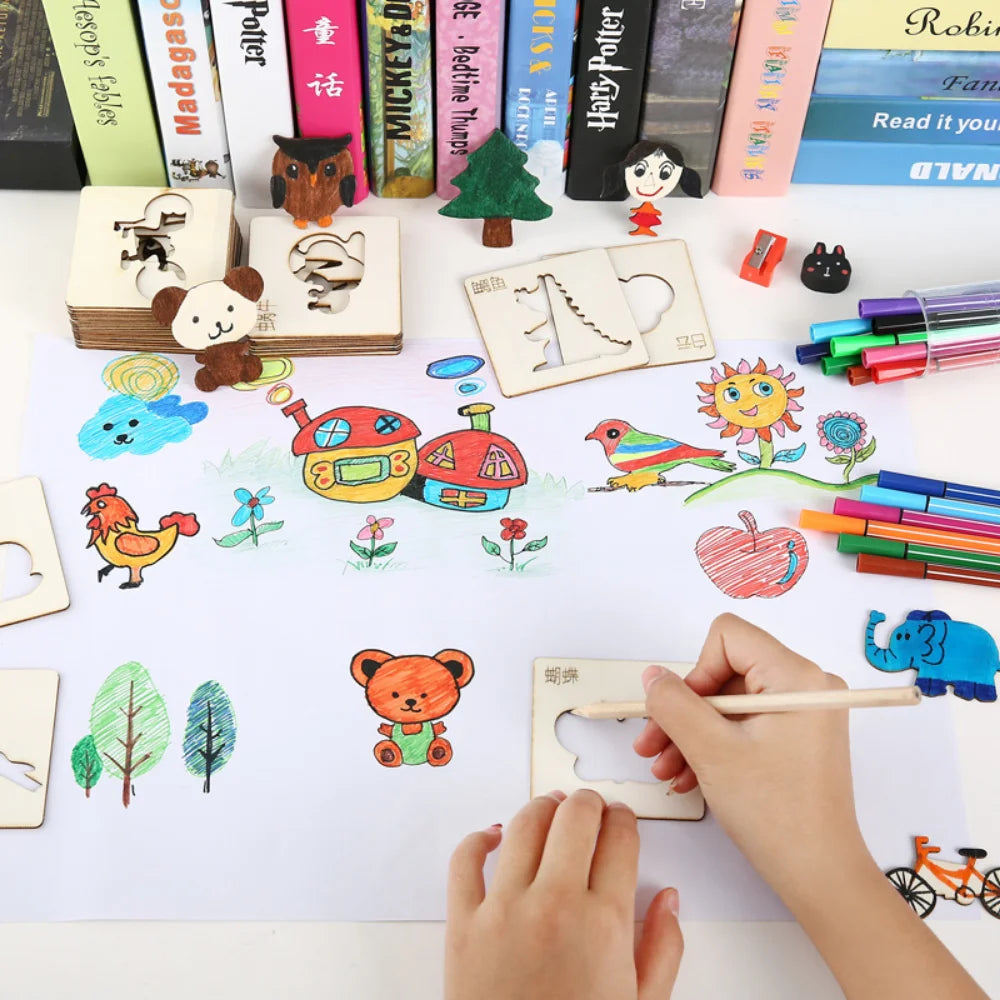 20pcs Montessori Kids Drawing Toys Wooden DIY Painting Template Stencils Learning Educational Toys for Children Wooden Toy Gift