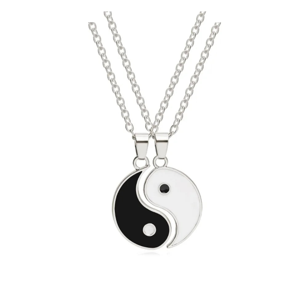 2Pcs Tai Chi Yin Yang Eight Trigrams Pendant Necklaces Set for Couple Silver Color Chain Matching Lover Choker Collar Gift