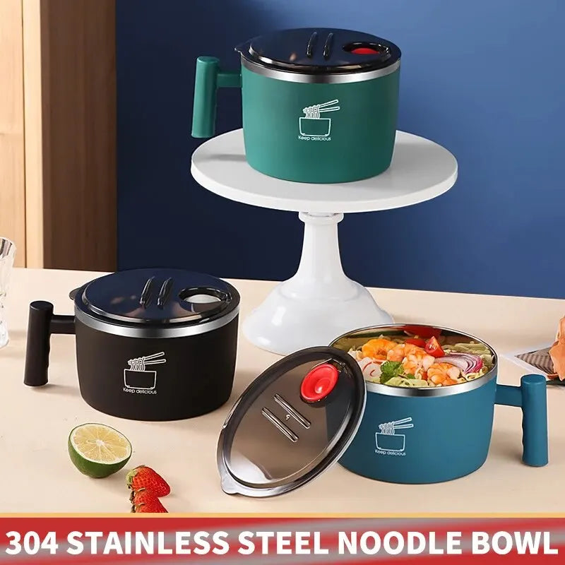 Stainless Steel Bowl with Lid - Portable Sealed Drain Bowl for Instant Noodles