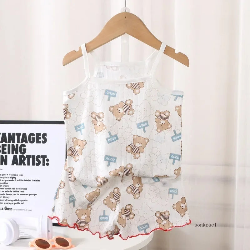 2024 New Kids Tops+shorts Set Summer Thin Baby Cotton Vest Sleeveless Loungewear Set for Girls Suit