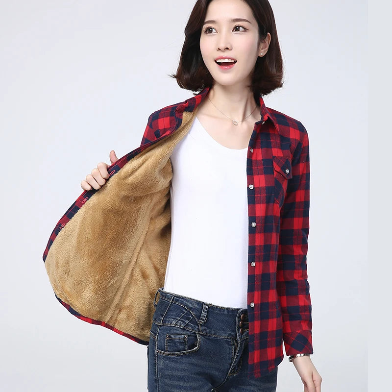 2023 Winter New Plus Thick Women's Warm Plaid Shirt Coat Lady Casual Fleece Velvet Jacket Tops Hot Women Clothes Outerwear