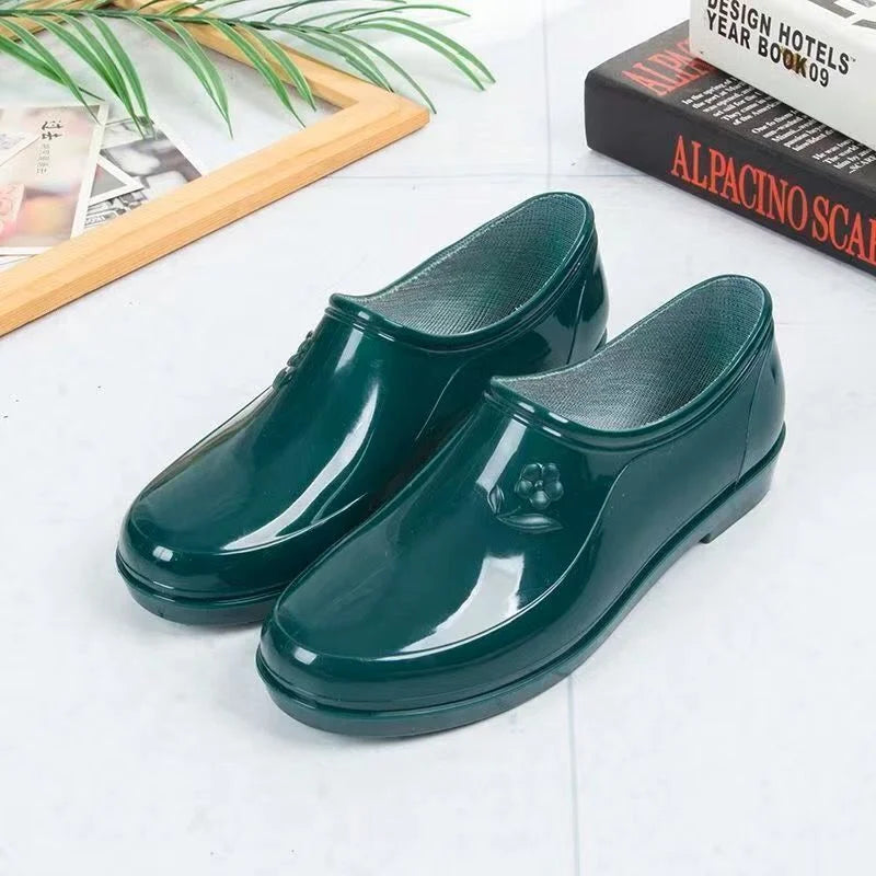 Spring Autumn Four Seasons Waterproof Anti-slip Low Heel Women Rain Boots Tube Light Pocket Kitchen Work Outdoor Rubber Boots