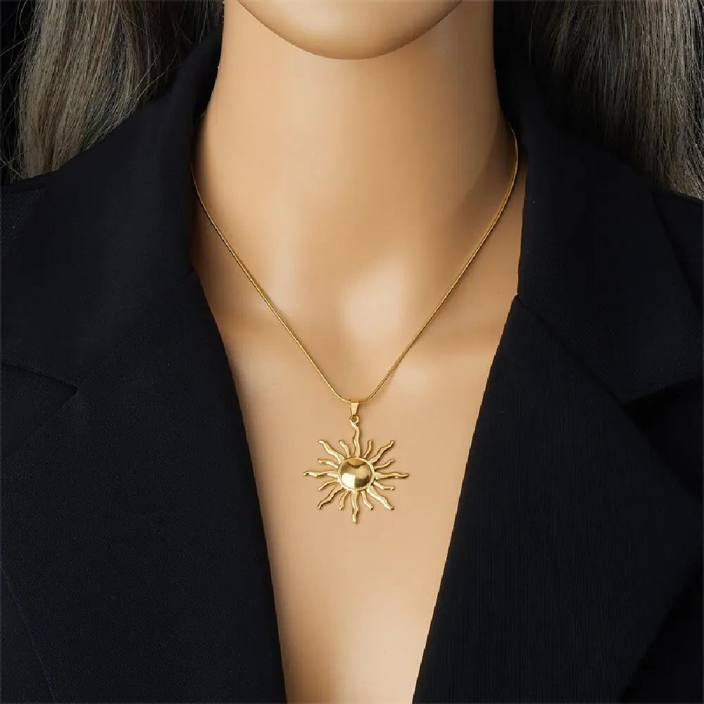 DIEYURO 316L Stainless Steel Golden Fashion Sun Pendant Necklace For Women Girl 2024 New Concise Solar Neck Chain Jewelry Gift