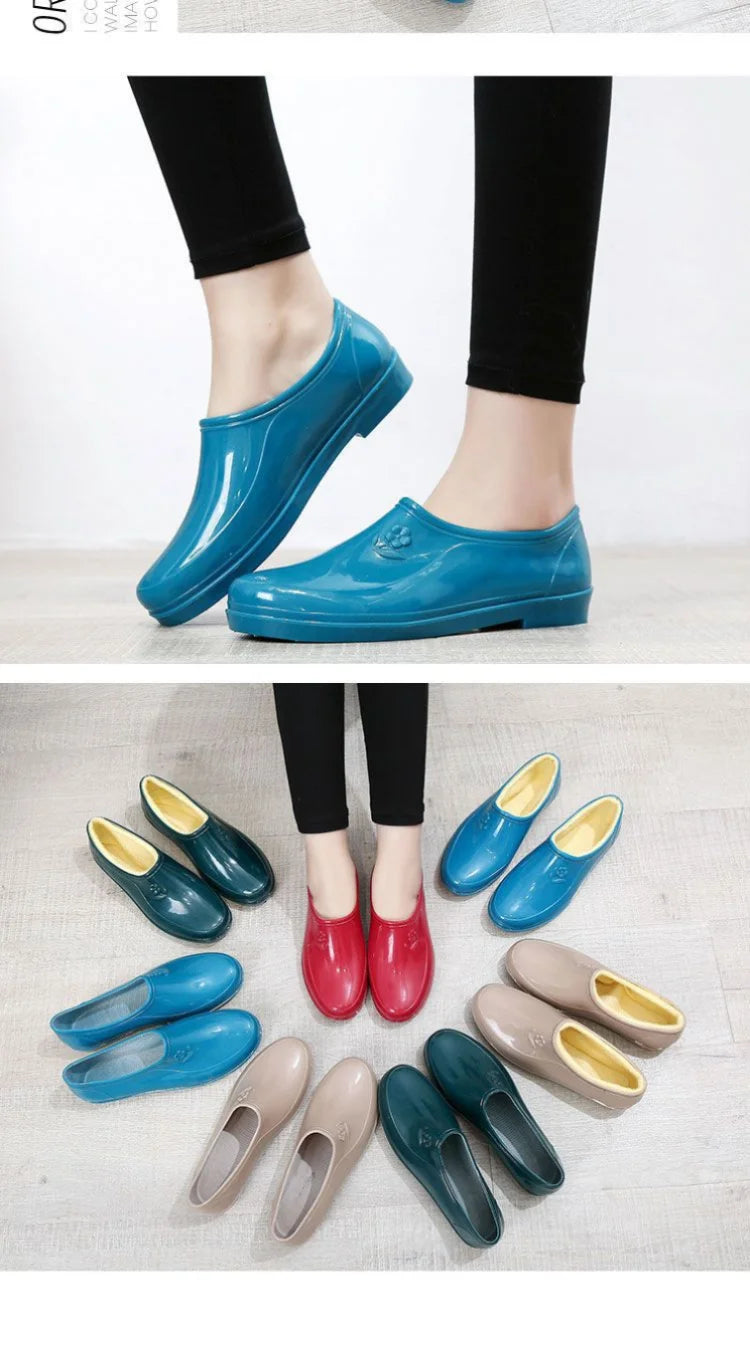 Spring Autumn Four Seasons Waterproof Anti-slip Low Heel Women Rain Boots Tube Light Pocket Kitchen Work Outdoor Rubber Boots