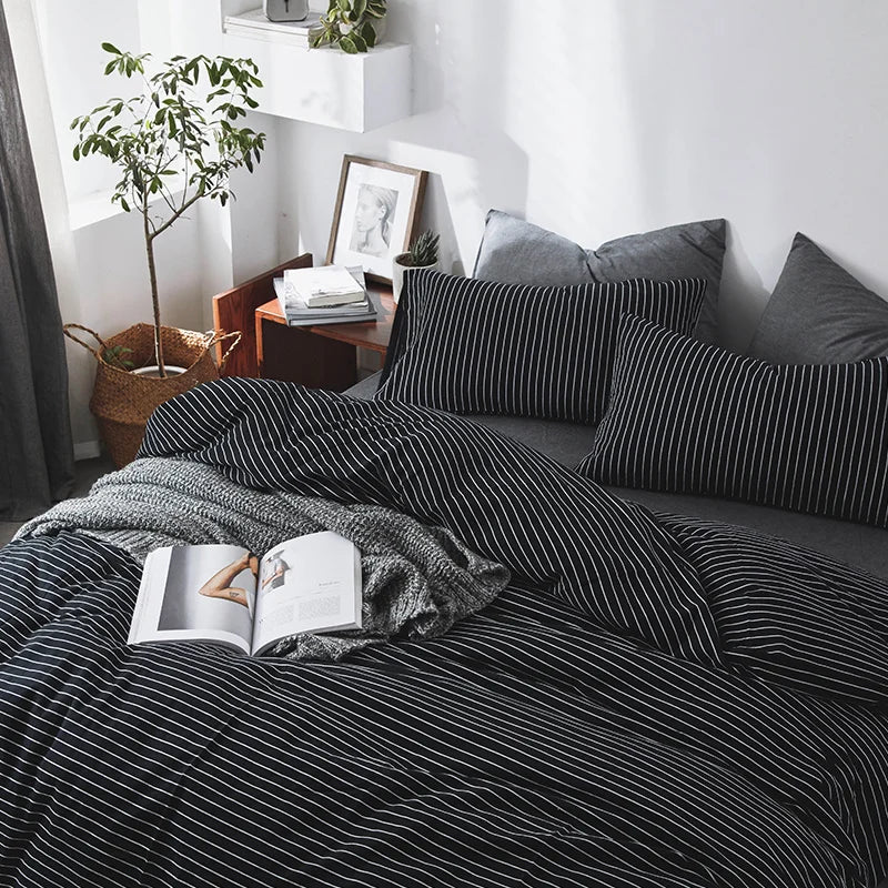 3 Pieces Modern Bedroom Decor 100% Cotton Black White Striped Duvet Cover and Pillowcases Men Couple's Bedding Queen King Size