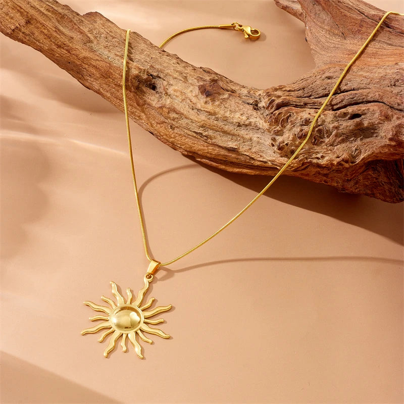 DIEYURO 316L Stainless Steel Golden Fashion Sun Pendant Necklace For Women Girl 2024 New Concise Solar Neck Chain Jewelry Gift