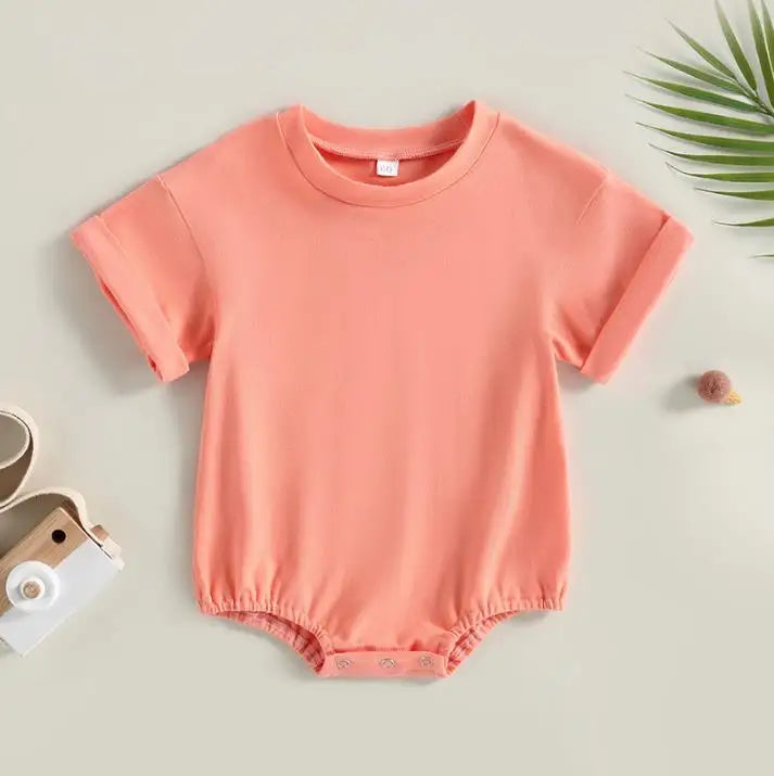 Unisex Baby Boy Girl Solid Color Short Sleeve Bubble Romper Oversized T-Shirt Bodysuit Top Summer Baby Jumpsuits Clothes