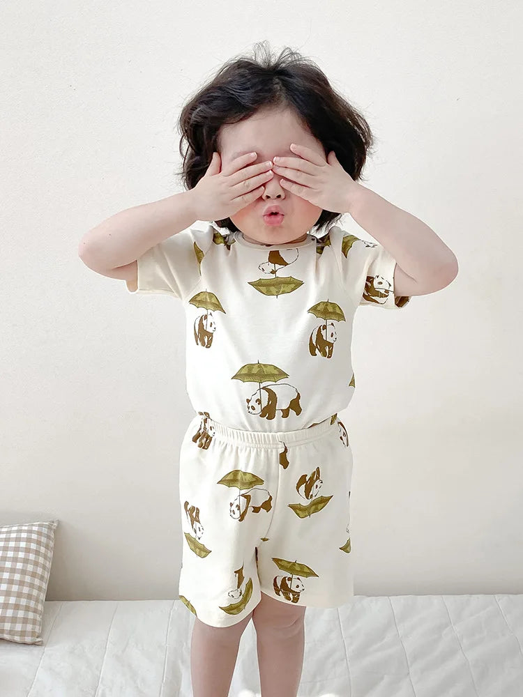 2024 Summer Children's Pajamas Boys Pure Cotton Short Sleeve Shorts 2-Pcs Set For Home Wear Girls' Sleepwear Suit