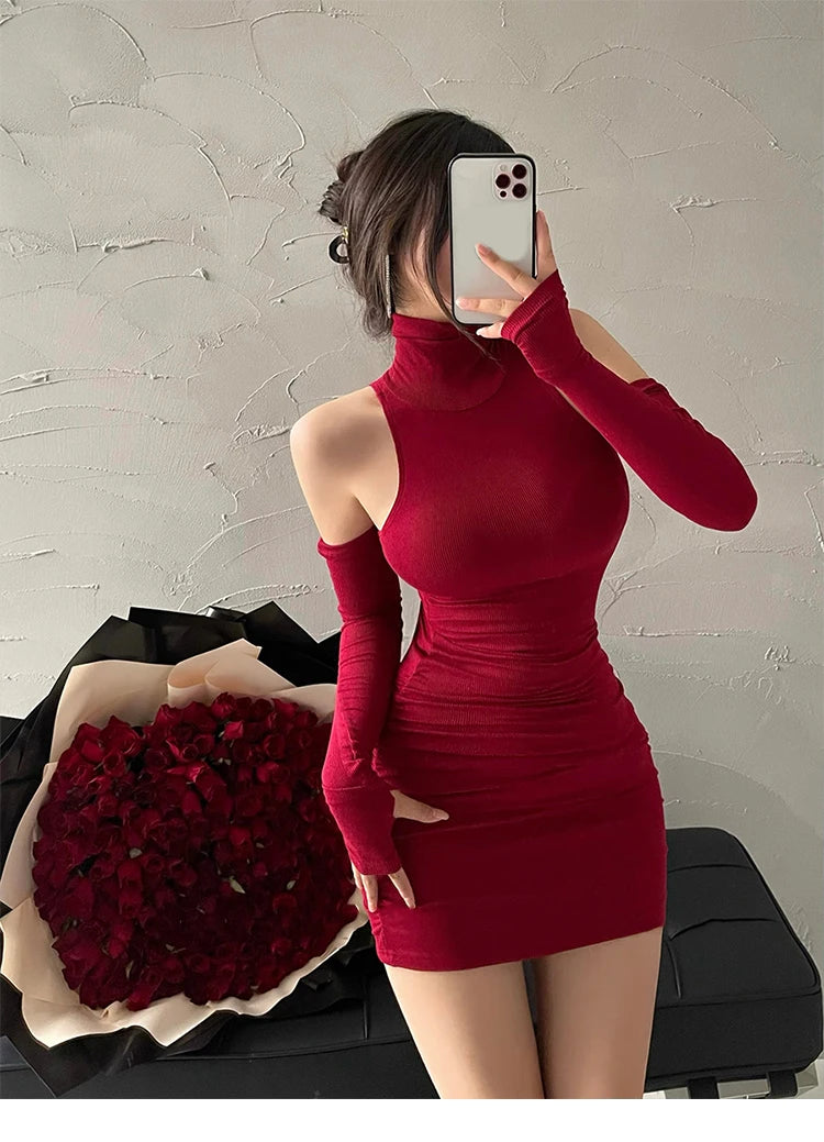 Summer Sexy High Neck Tight Dress Oversleeve Pleated Bottom Wrapped Hip Dress Women Bodycon