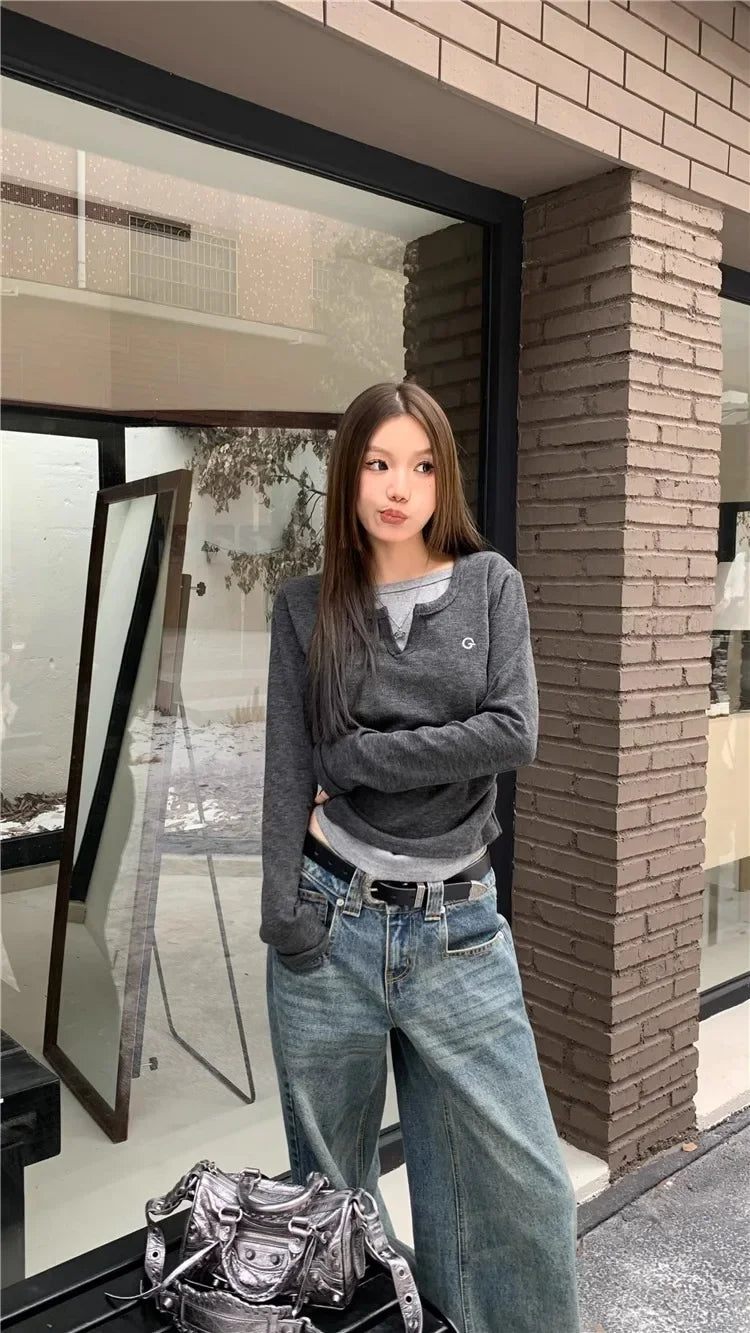 2024 Autumn Winter Long Sleeves Korean Fashion Style O-neck Tshirt For Women Fake two items T-shirts Ladies Top Tee Clothes