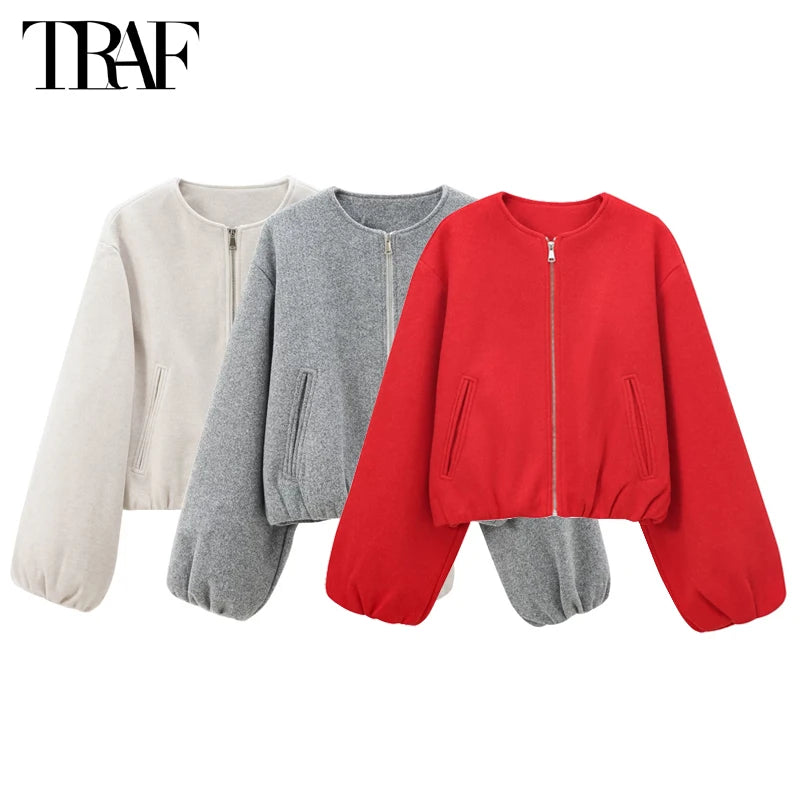 TRAF Red Zipper Bomber Jackets for Women Soft Cropped Jackets Woman 2024 Long Sleeve Woman's Sports Jacket New in Outerwears