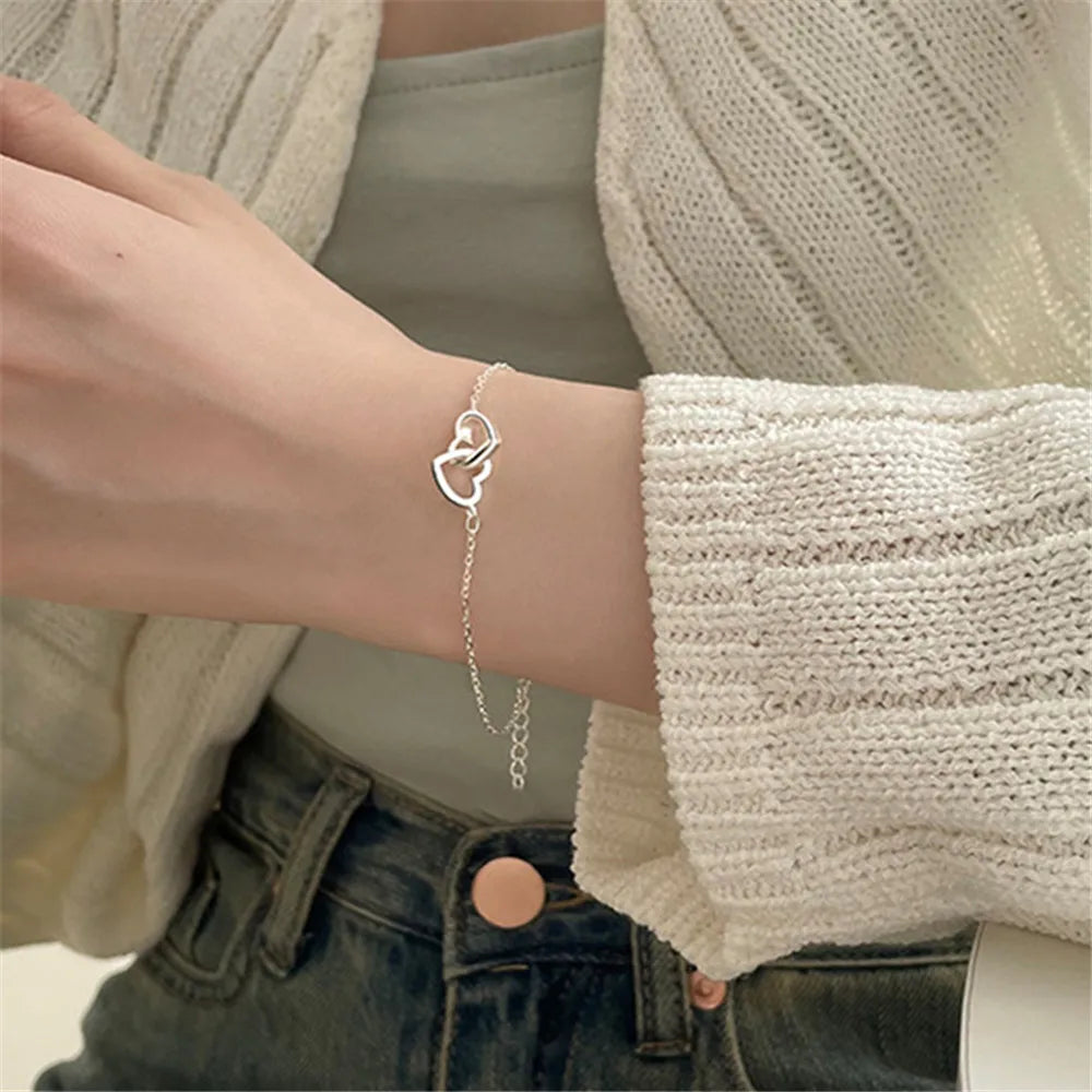 New Silver Color Double Interlocking Small Hearts Bracelet Bangle For Women Fine Fashion Jewelry Wedding Party Gift