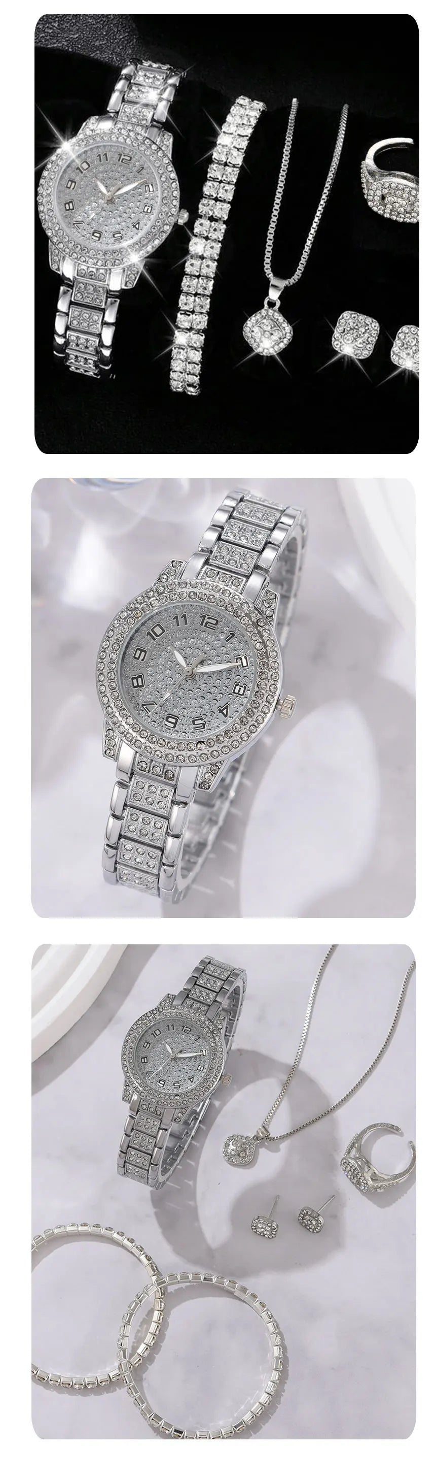 6PCS Women Watch Luxury Elegant Alloy Watch Crystal Wristwatch For Ladies Gift Quartz Watch Alloy Rhinestone Bracelet Montre