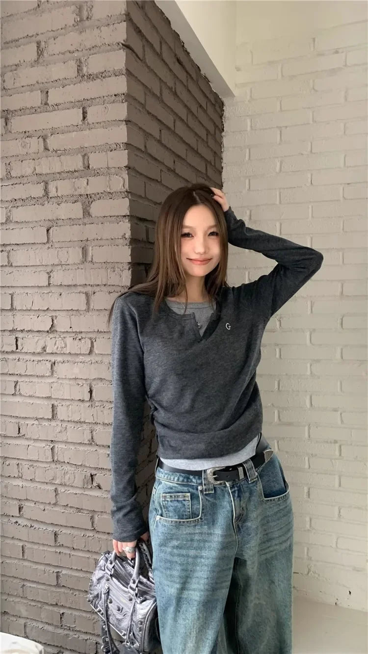 2024 Autumn Winter Long Sleeves Korean Fashion Style O-neck Tshirt For Women Fake two items T-shirts Ladies Top Tee Clothes