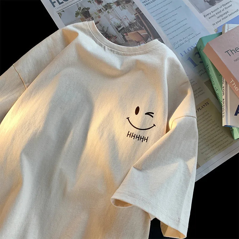 Men Women's Smiling Face Funny Fashion Couple Short Sleeved T-shirt American Basic Simple Oversized Loose Boys' Pullover Top