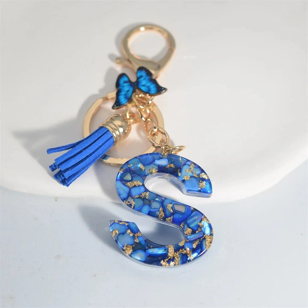 Fashion Blue Glazed Stone A To Z Letter Keychain 26 Initials Alphabet Butterfly Tassel Pendant Car Key Chain Women Jewelry GIfts