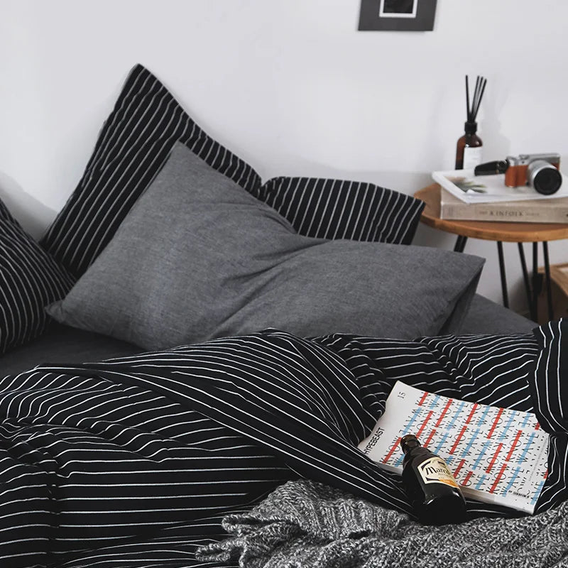 3 Pieces Modern Bedroom Decor 100% Cotton Black White Striped Duvet Cover and Pillowcases Men Couple's Bedding Queen King Size